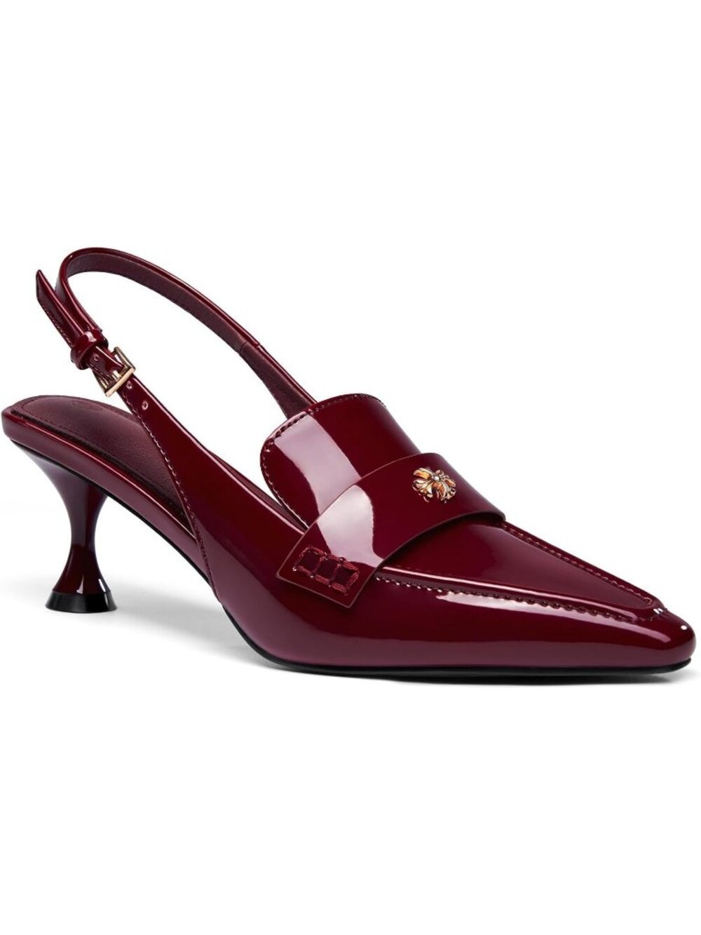 Women's Burgundy Faux Leather Pointed Toe Slip On Ankle Buckle Kitten Heel Pumps